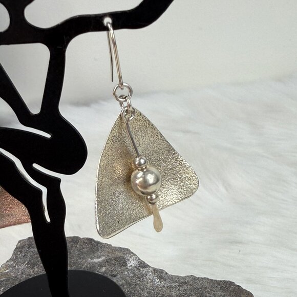 Vintage Triangle & Bead Dangle Sterling Silver Pierced Earrings 1.75" - Picture 3 of 6